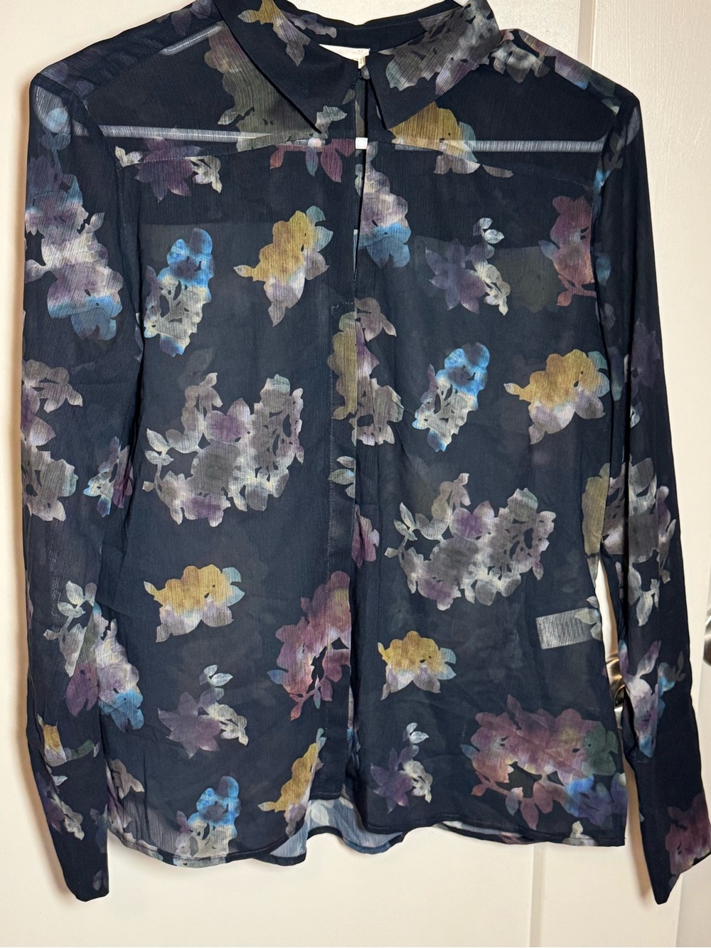 Ecru Sheer Floral Long Sleeve Button Shirt Navy Multi S
